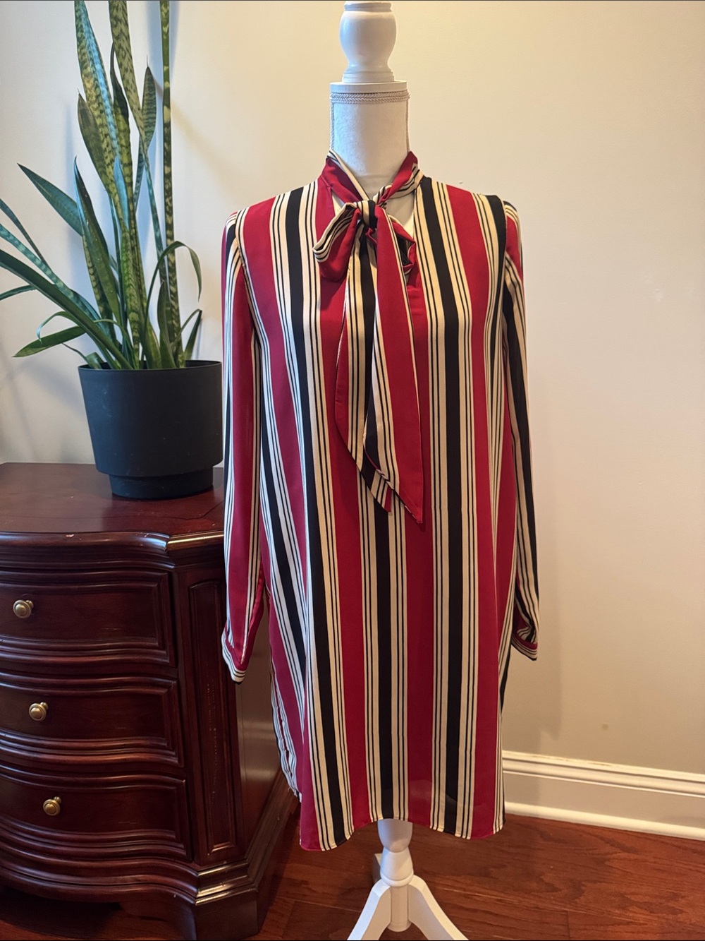 Everly Burgundy, Black & Cream Striped Tie-Neck Shift Dress